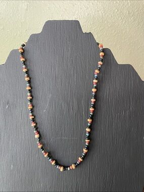 Wooden Beaded Choker.  Natural, Blue, Black and Terra Cotta Small Beads
